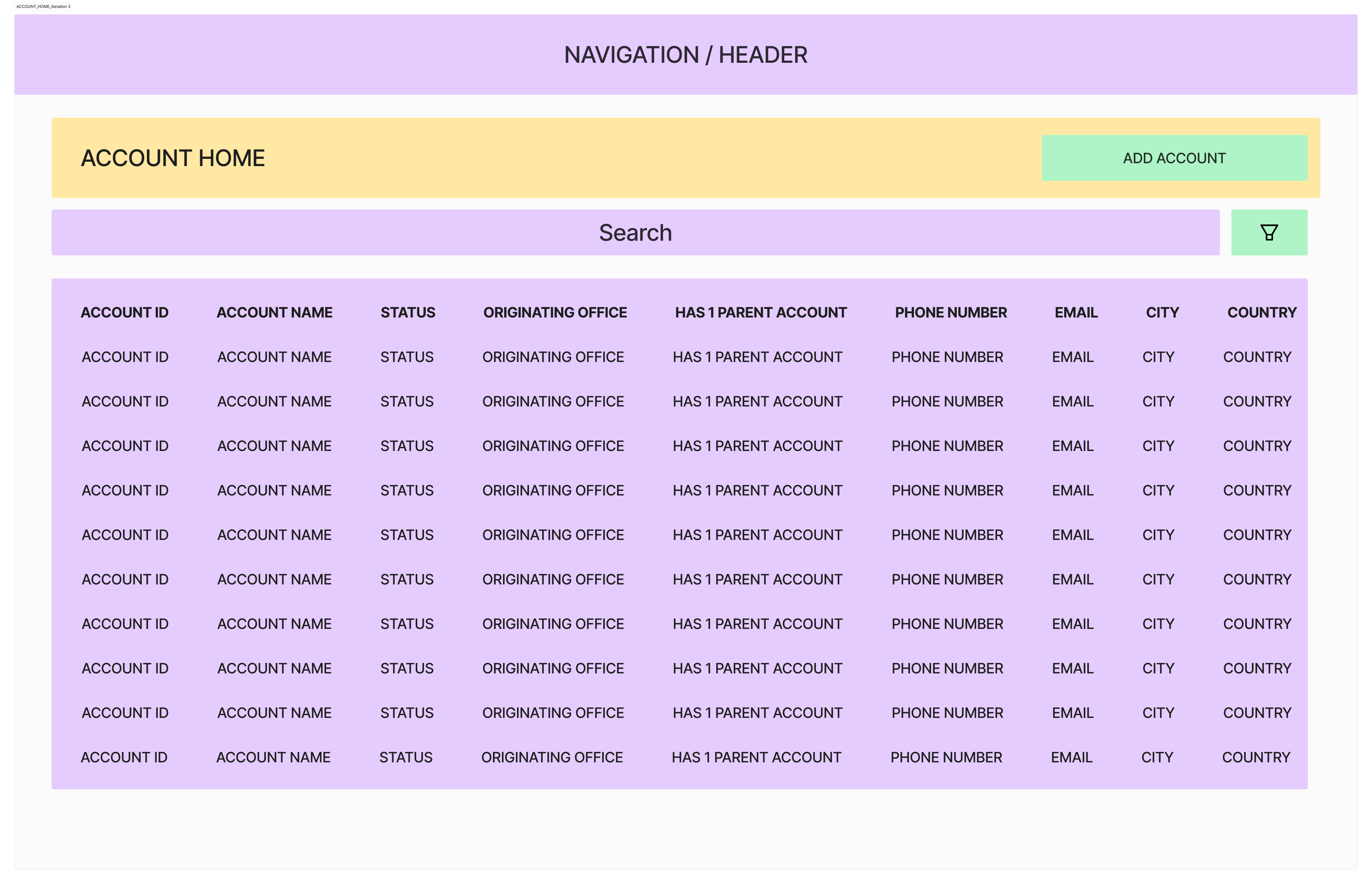 Account home wireframe iteration 3
